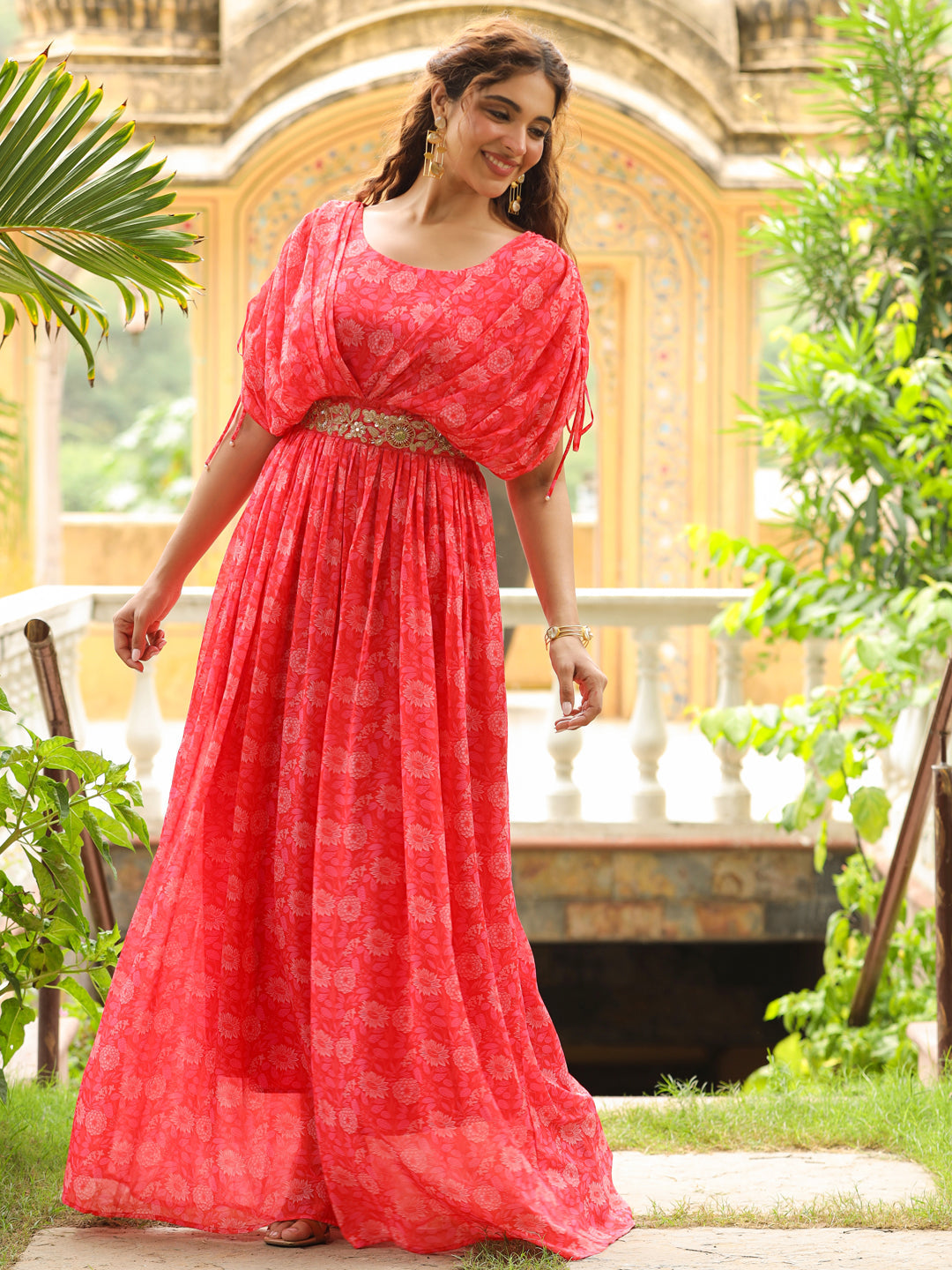 Bright Pink Georgette Floral Maxi Gown With Embellished Belt  - By Janasya