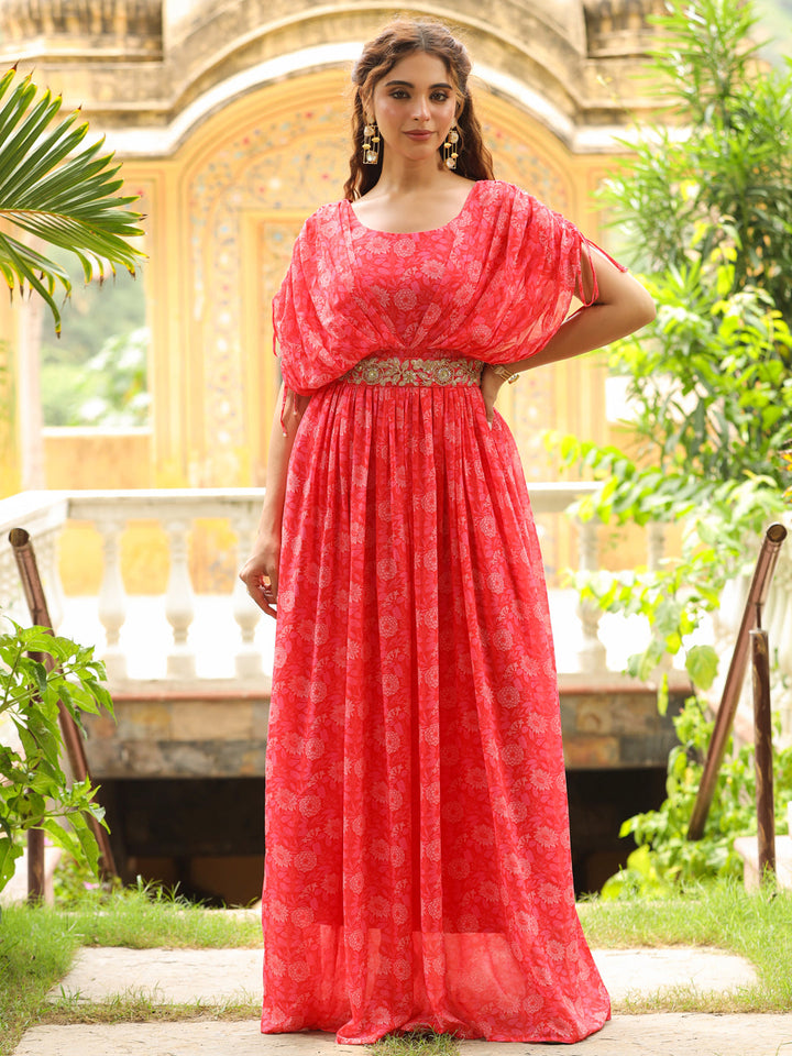 Bright Pink Georgette Floral Maxi Gown With Embellished Belt  - By Janasya