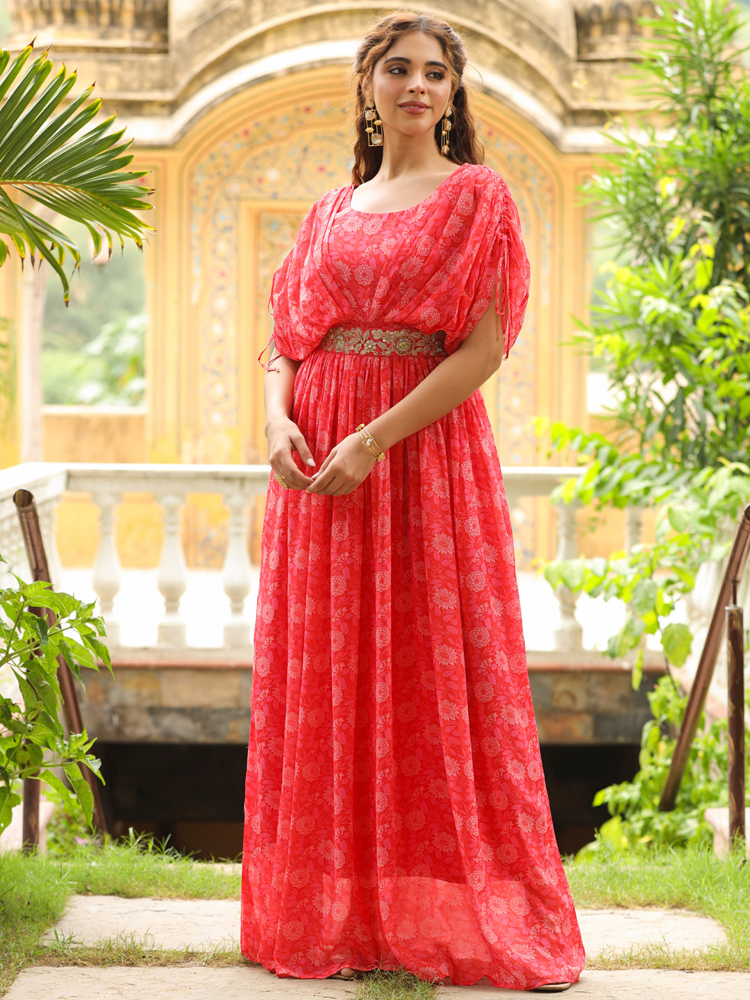 Bright Pink Georgette Floral Maxi Gown With Embellished Belt  - By Janasya