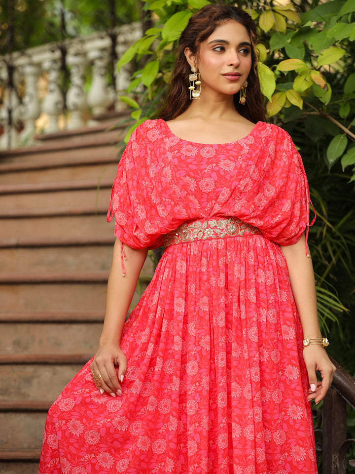 Bright Pink Georgette Floral Maxi Gown With Embellished Belt  - By Janasya