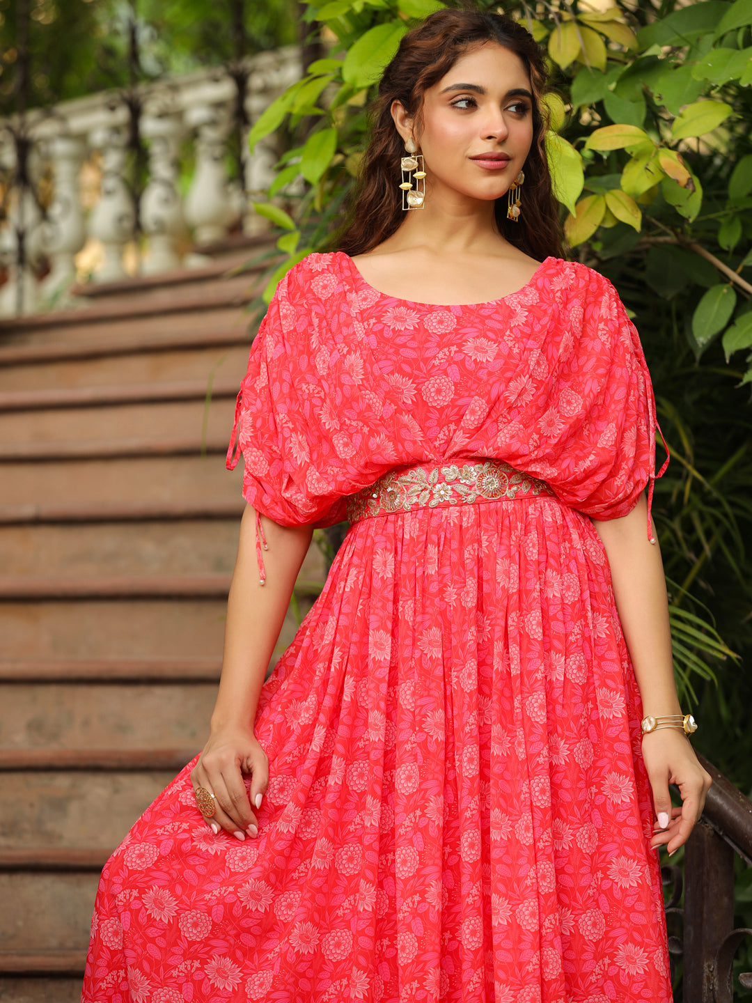 Bright Pink Georgette Floral Maxi Gown With Embellished Belt  - By Janasya