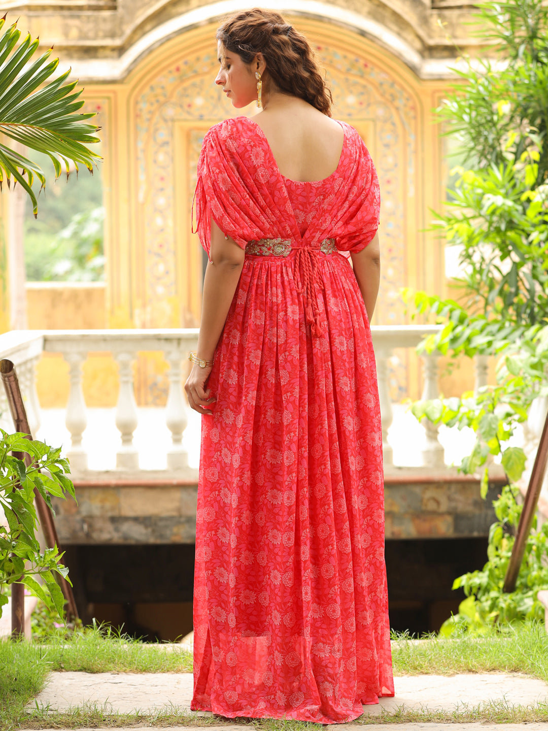 Bright Pink Georgette Floral Maxi Gown With Embellished Belt  - By Janasya