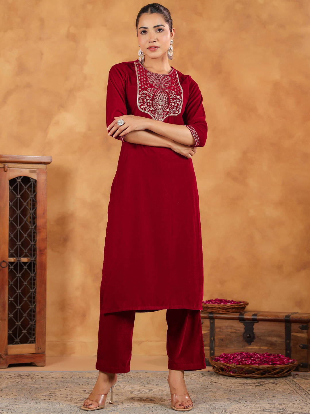 Red Velvet Zari Embroidered Straight Kurta Set  - By Janasya