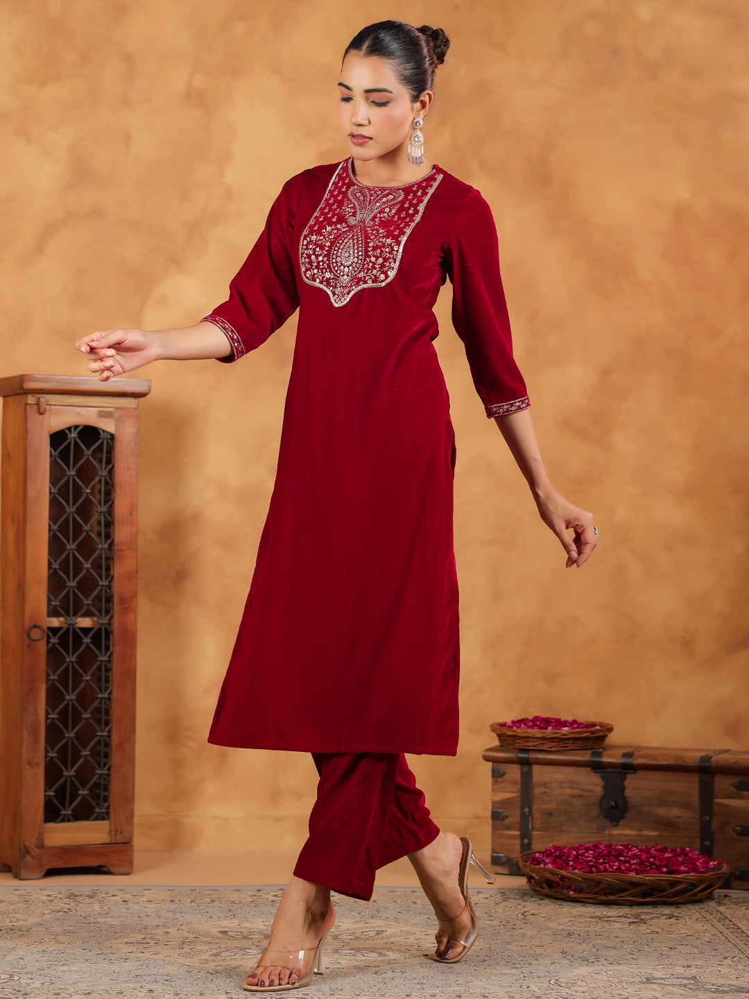 Red Velvet Zari Embroidered Straight Kurta Set  - By Janasya