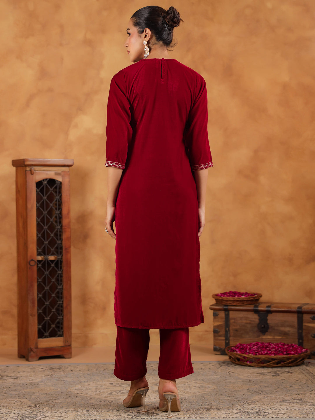 Red Velvet Zari Embroidered Straight Kurta Set  - By Janasya