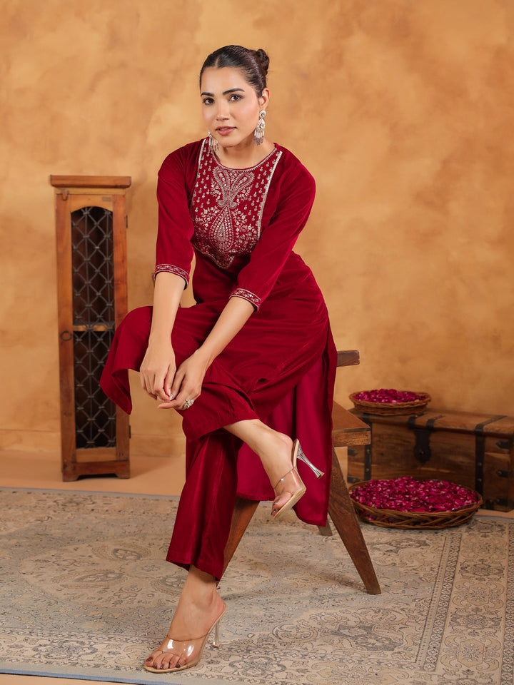 Red Velvet Zari Embroidered Straight Kurta Set  - By Janasya