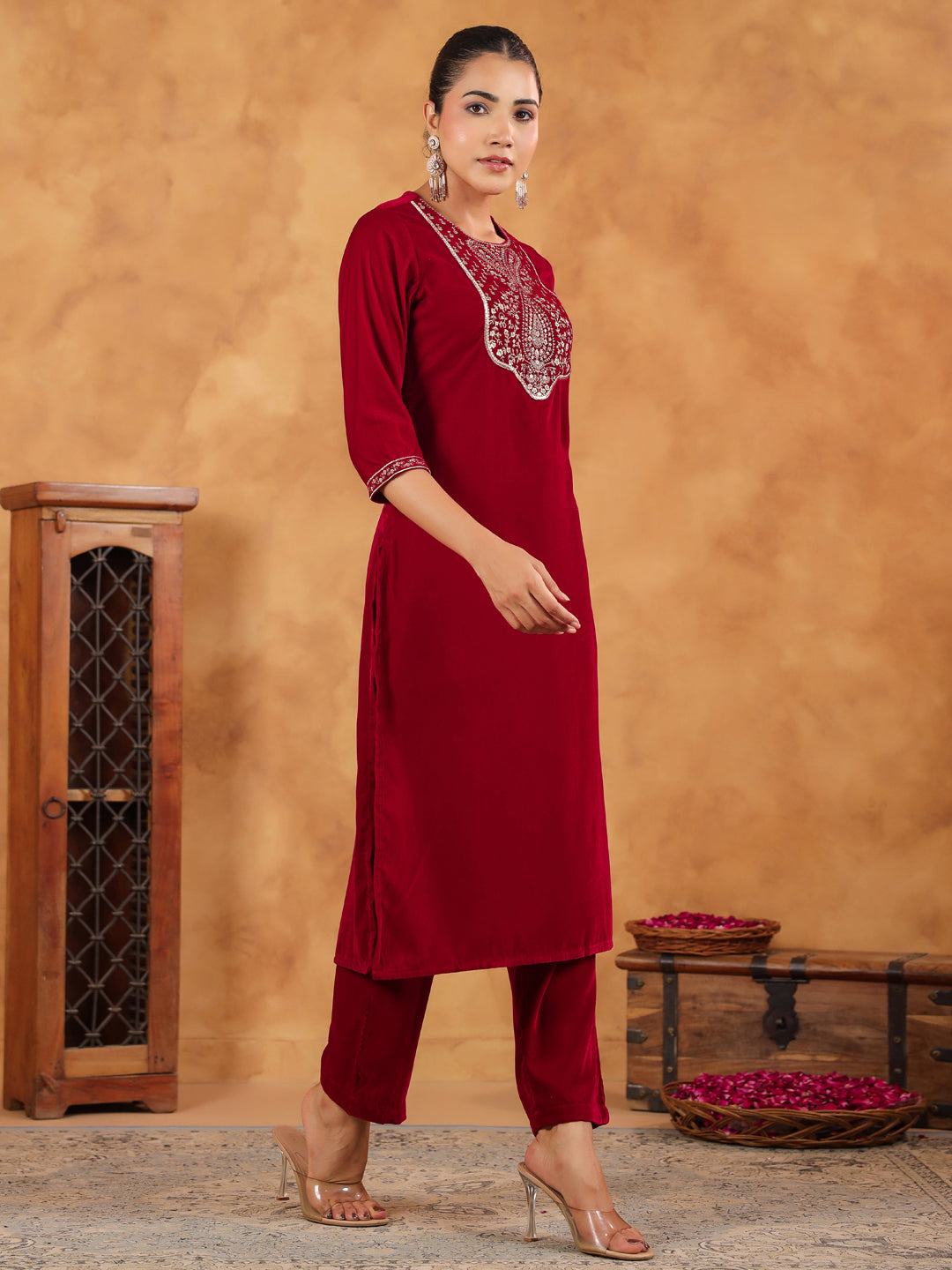 Red Velvet Zari Embroidered Straight Kurta Set  - By Janasya