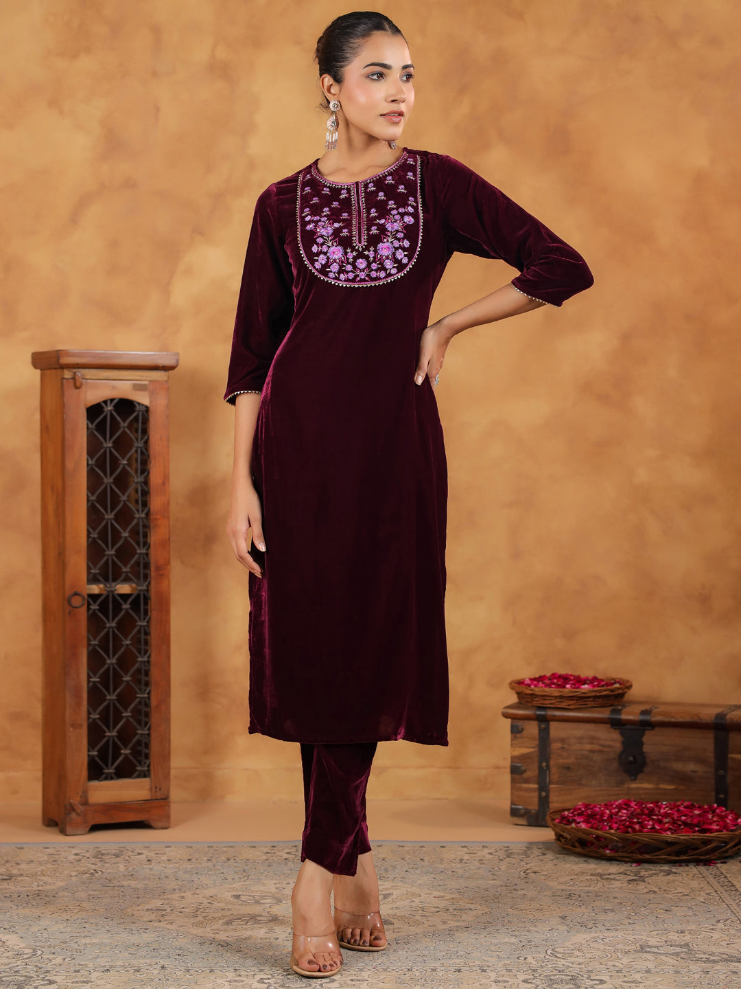 Wine Velvet Yoke Embroidery Straight Kurta Set  - By Janasya