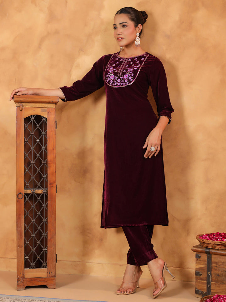 Wine Velvet Yoke Embroidery Straight Kurta Set  - By Janasya