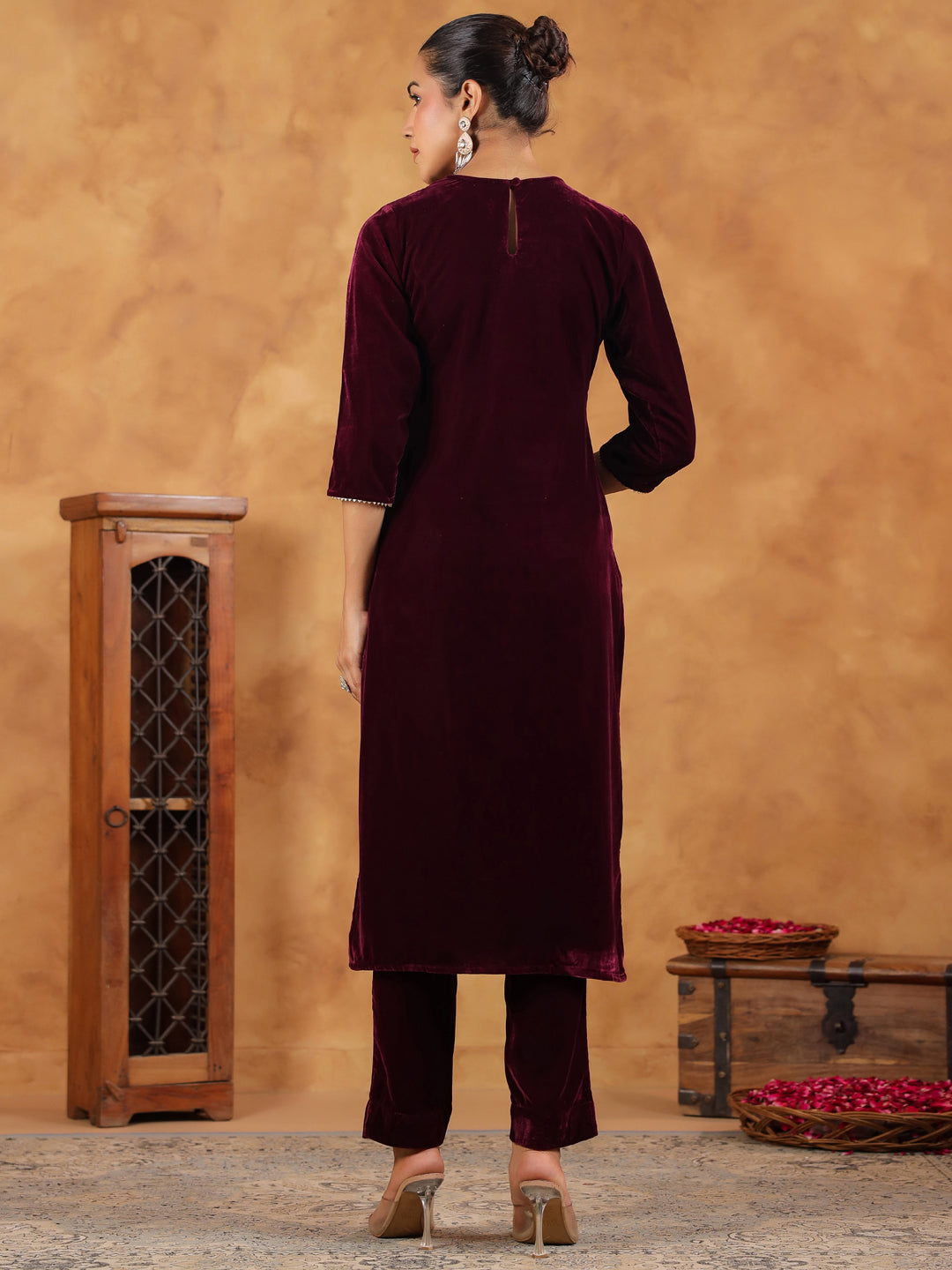 Wine Velvet Yoke Embroidery Straight Kurta Set  - By Janasya