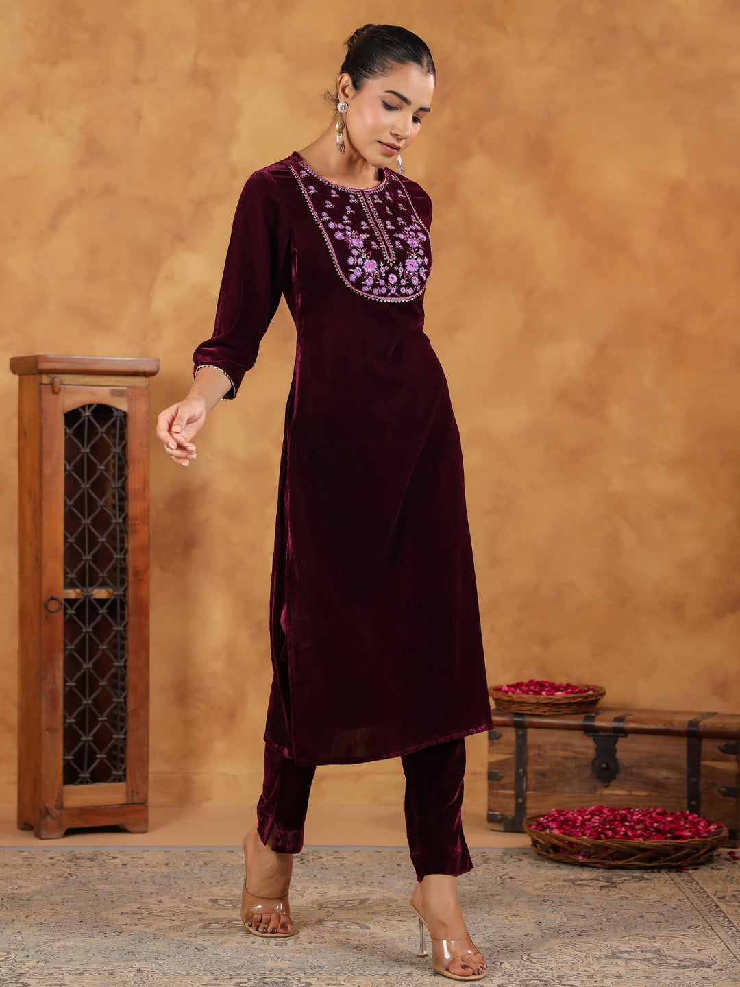 Wine Velvet Yoke Embroidery Straight Kurta Set  - By Janasya