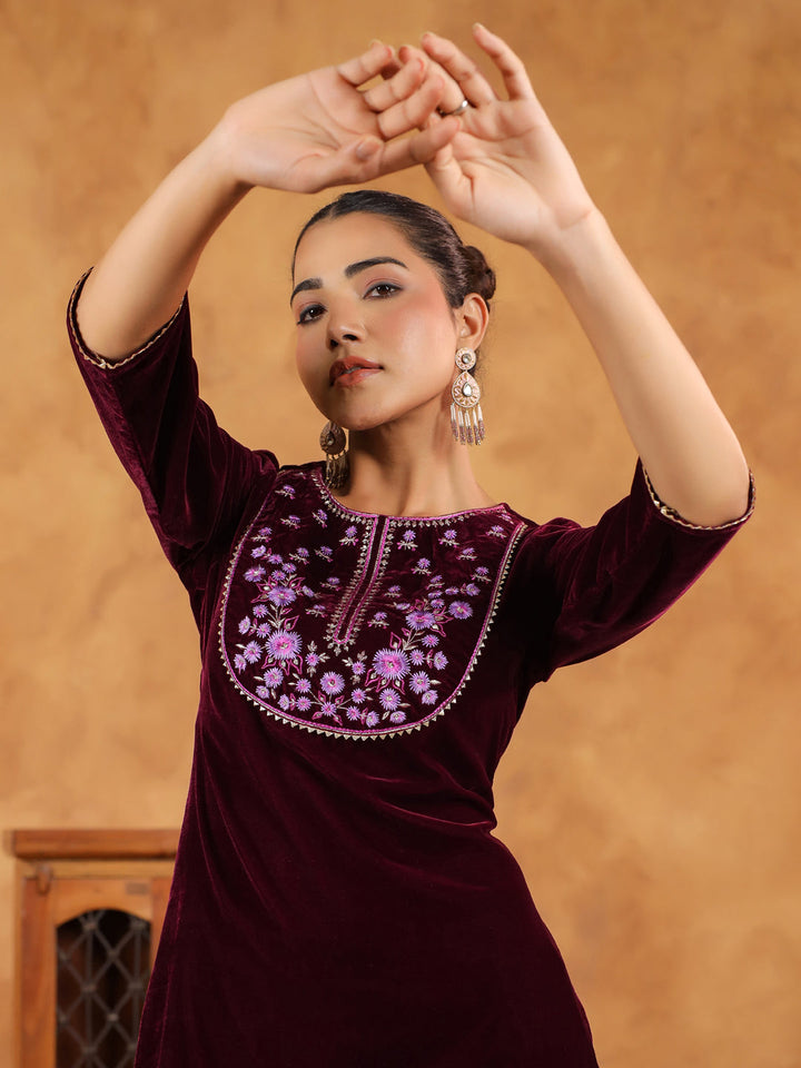 Wine Velvet Yoke Embroidery Straight Kurta Set  - By Janasya