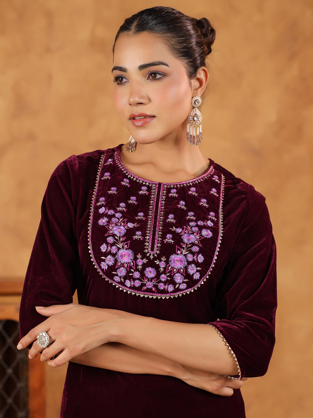 Wine Velvet Yoke Embroidery Straight Kurta Set  - By Janasya