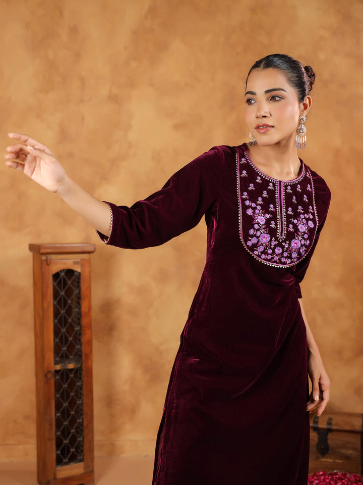 Wine Velvet Yoke Embroidery Straight Kurta Set  - By Janasya