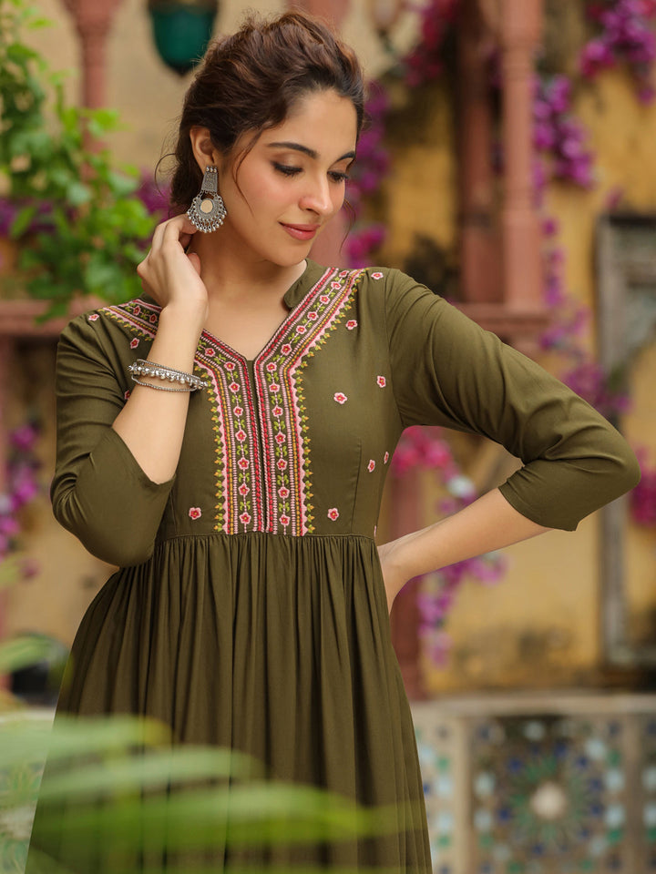 Olive Green Rayon Yoke Embroidered A-Line Kurta Set  - By Janasya