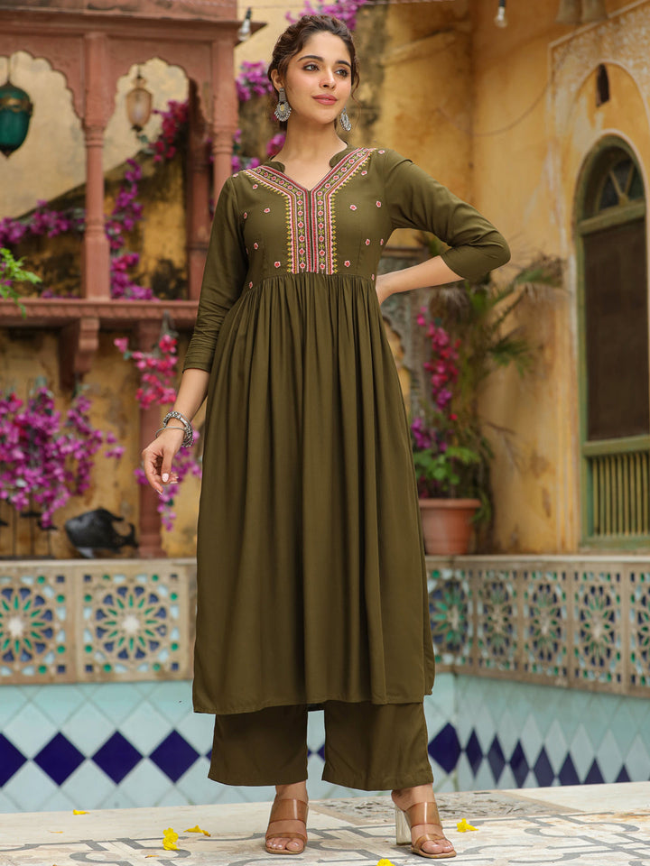 Olive Green Rayon Yoke Embroidered A-Line Kurta Set  - By Janasya