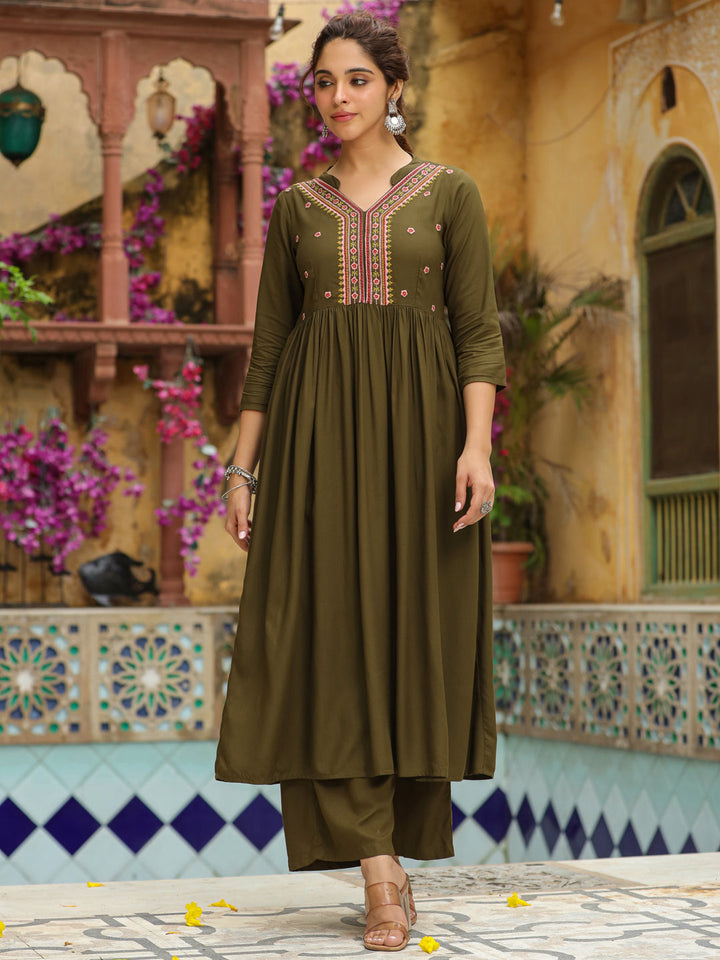 Olive Green Rayon Yoke Embroidered A-Line Kurta Set  - By Janasya