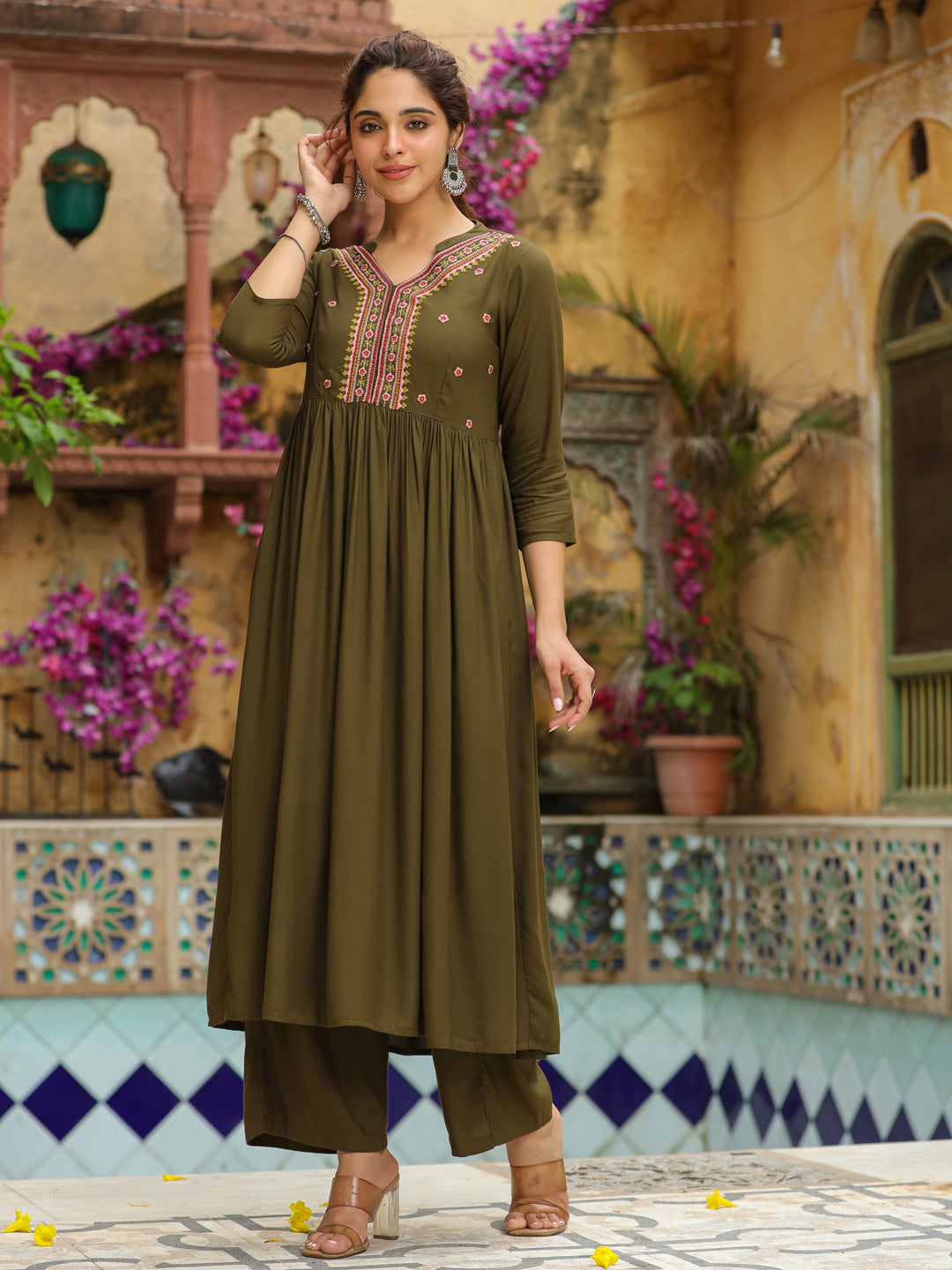 Olive Green Rayon Yoke Embroidered A-Line Kurta Set  - By Janasya