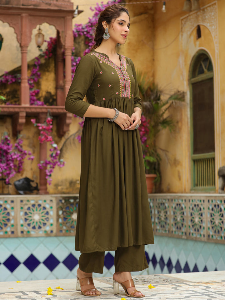 Olive Green Rayon Yoke Embroidered A-Line Kurta Set  - By Janasya