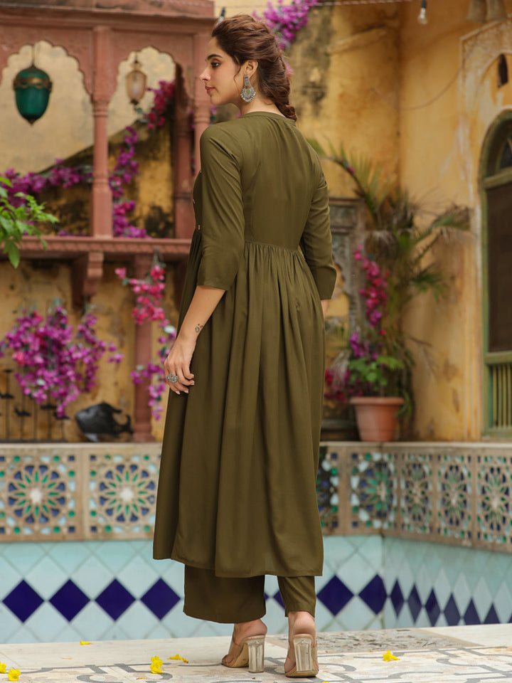 Olive Green Rayon Yoke Embroidered A-Line Kurta Set  - By Janasya