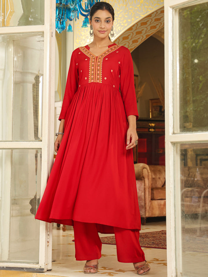 Maroon Rayon Embroidered Anarkali Kurta Set  - By Janasya