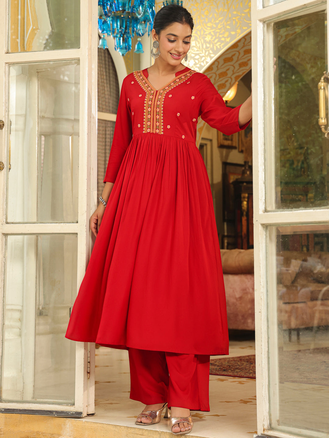 Maroon Rayon Embroidered Anarkali Kurta Set  - By Janasya