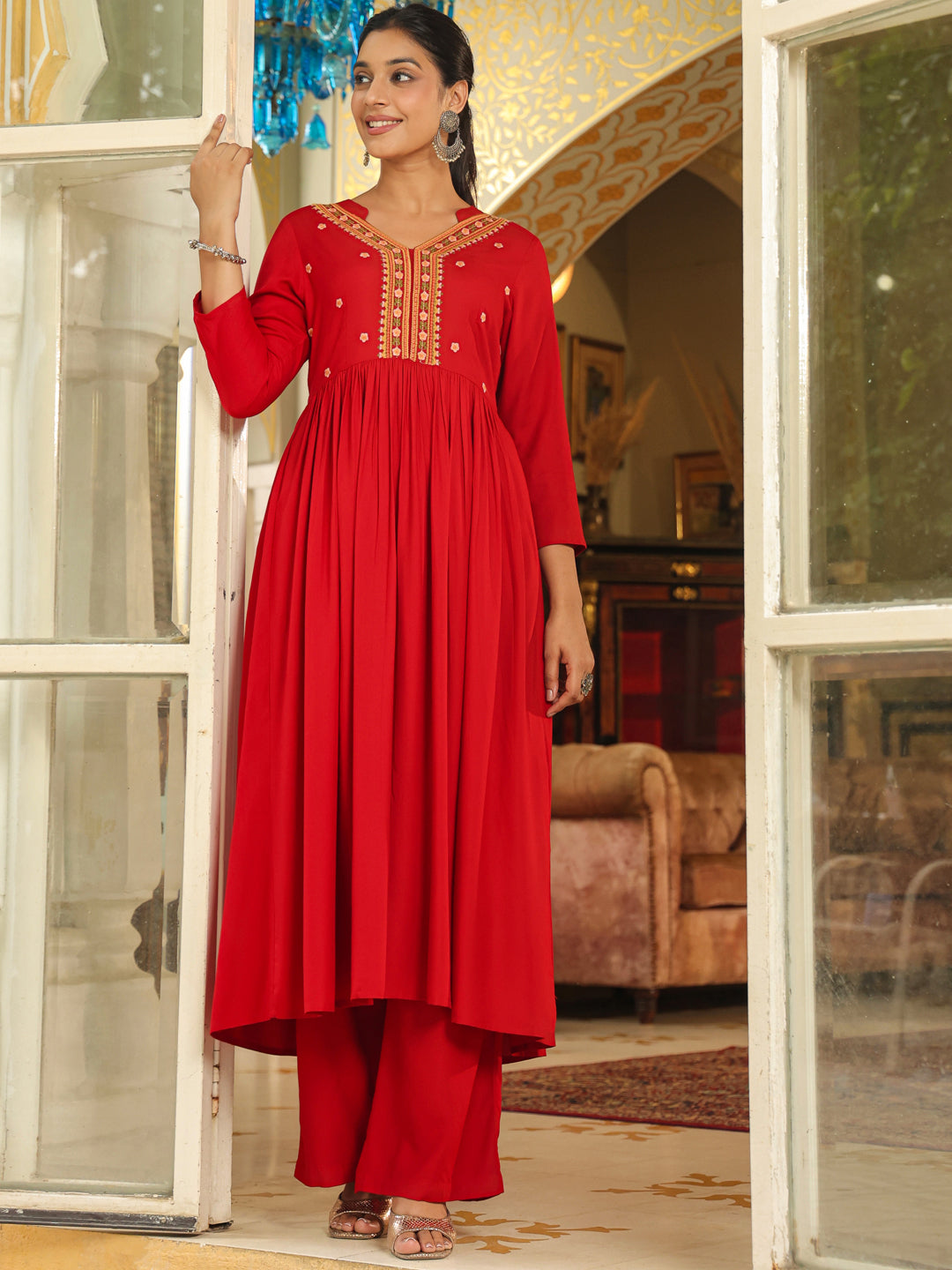 Maroon Rayon Embroidered Anarkali Kurta Set  - By Janasya