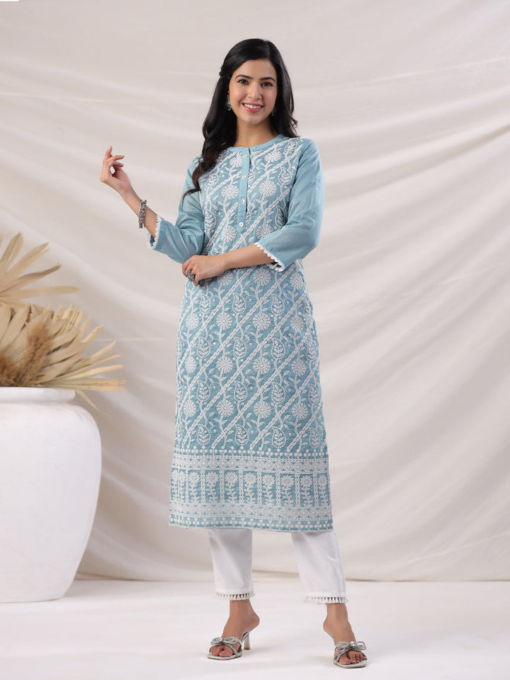 Light Blue Chanderi Embroidered Straight Kurta Set  - By Janasya