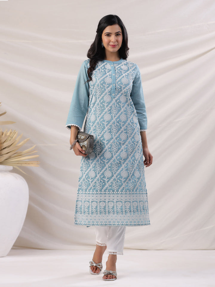 Light Blue Chanderi Embroidered Straight Kurta Set  - By Janasya