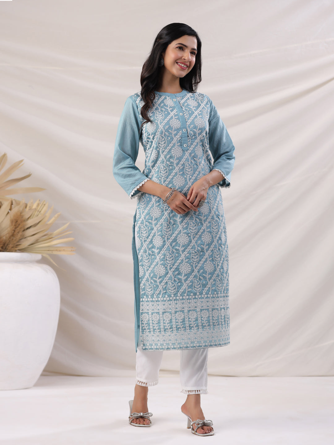 Light Blue Chanderi Embroidered Straight Kurta Set  - By Janasya