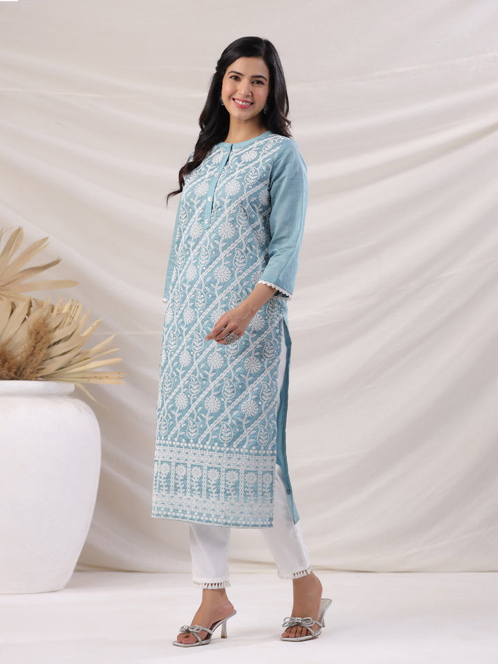 Light Blue Chanderi Embroidered Straight Kurta Set  - By Janasya