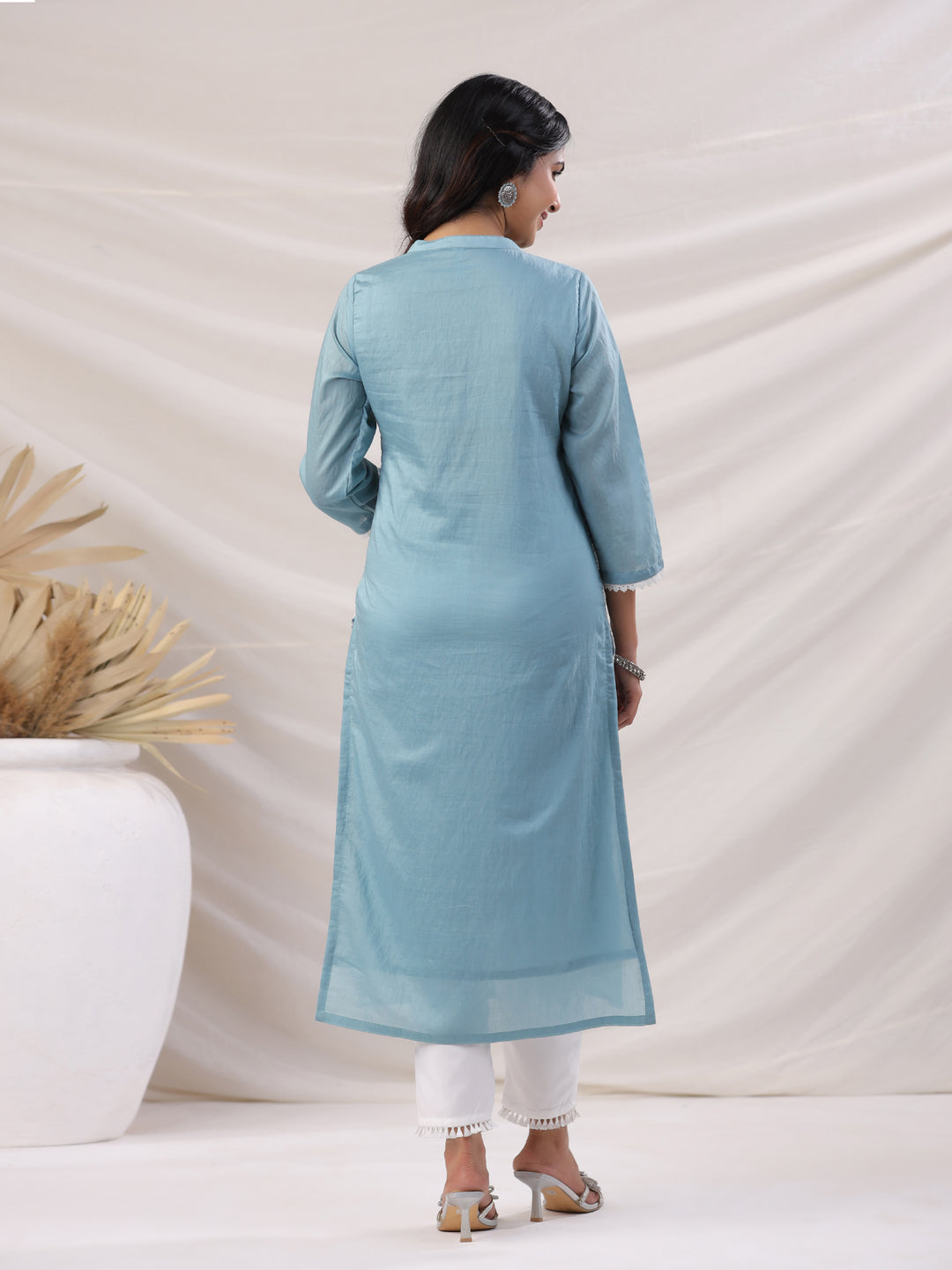 Light Blue Chanderi Embroidered Straight Kurta Set  - By Janasya