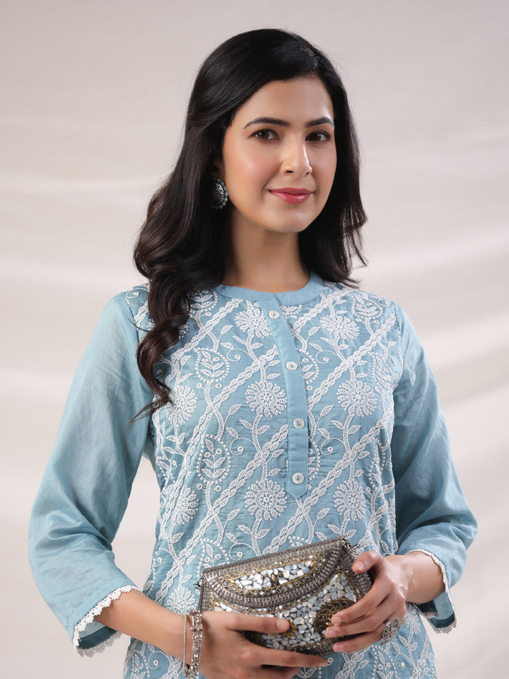 Light Blue Chanderi Embroidered Straight Kurta Set  - By Janasya