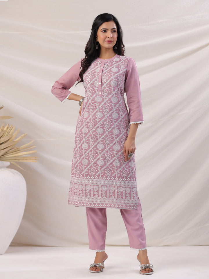 Mauve Chanderi Embroidered Straight Kurta Set  - By Janasya