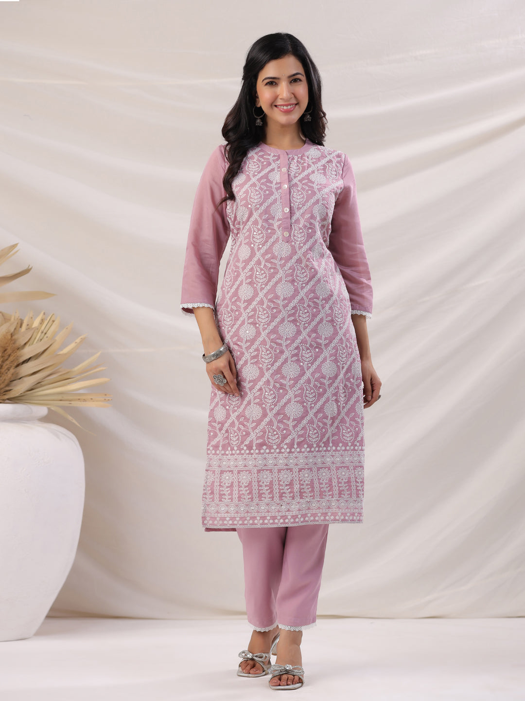 Mauve Chanderi Embroidered Straight Kurta Set  - By Janasya