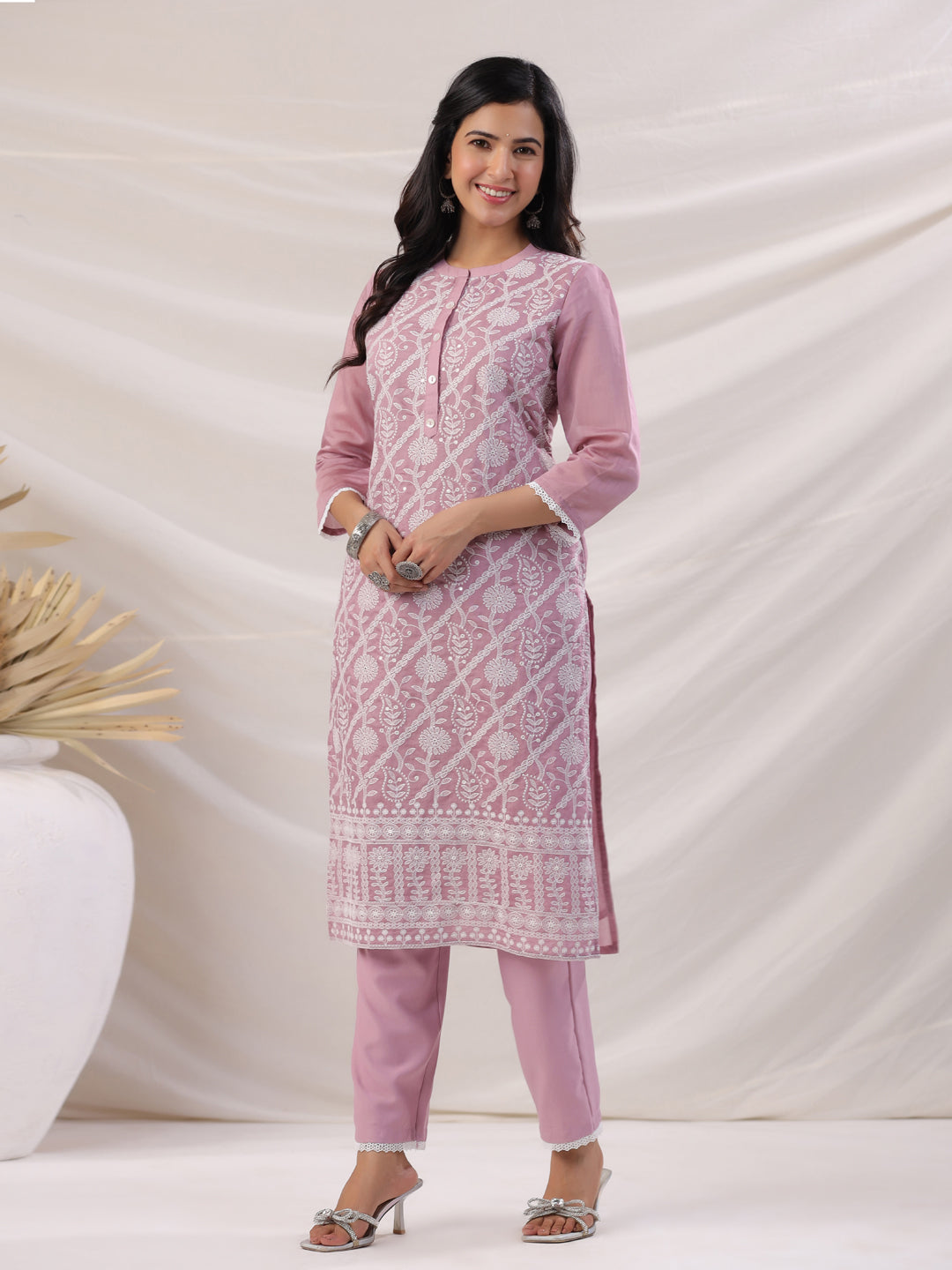 Mauve Chanderi Embroidered Straight Kurta Set  - By Janasya