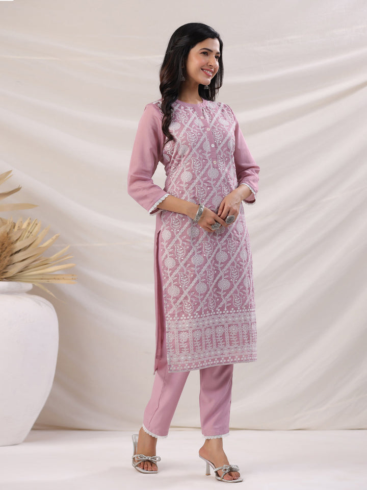 Mauve Chanderi Embroidered Straight Kurta Set  - By Janasya