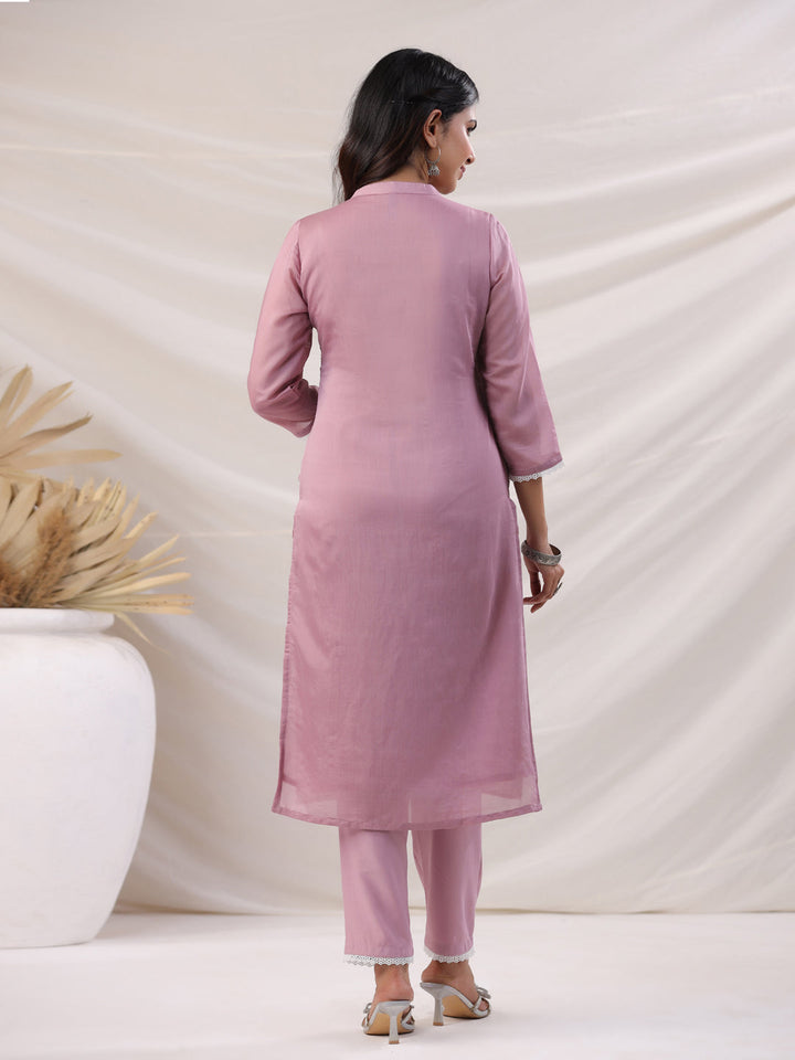 Mauve Chanderi Embroidered Straight Kurta Set  - By Janasya