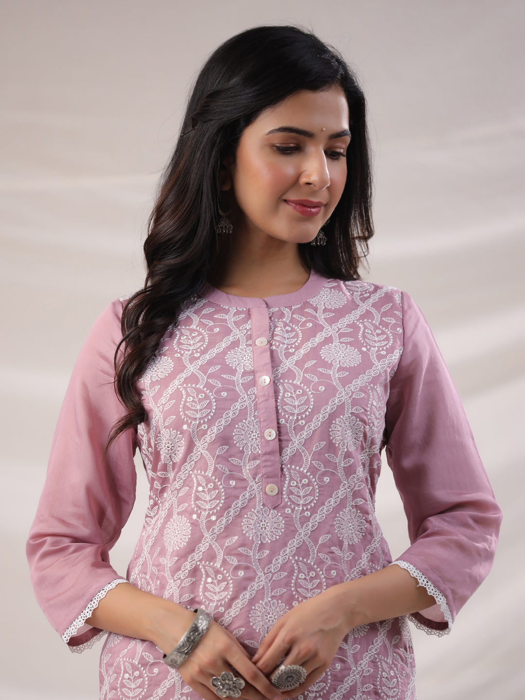 Mauve Chanderi Embroidered Straight Kurta Set  - By Janasya