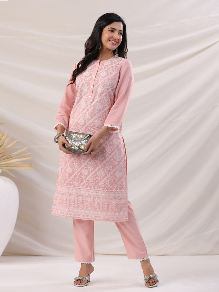 Peach Chanderi Embroidered Straight Kurta Set  - By Janasya