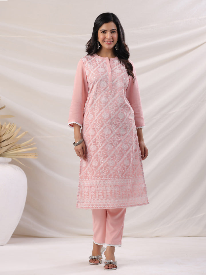 Peach Chanderi Embroidered Straight Kurta Set  - By Janasya