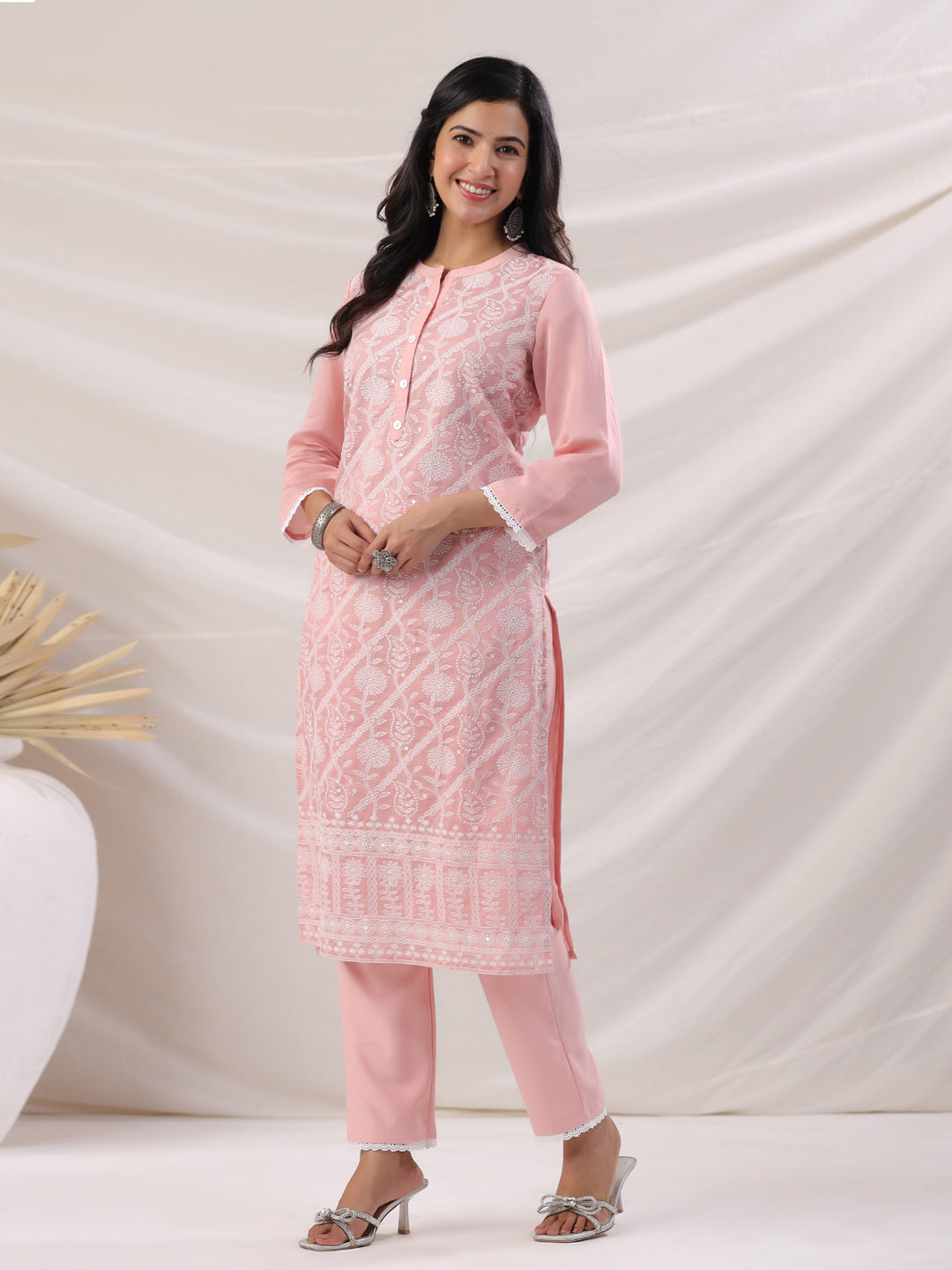 Peach Chanderi Embroidered Straight Kurta Set  - By Janasya