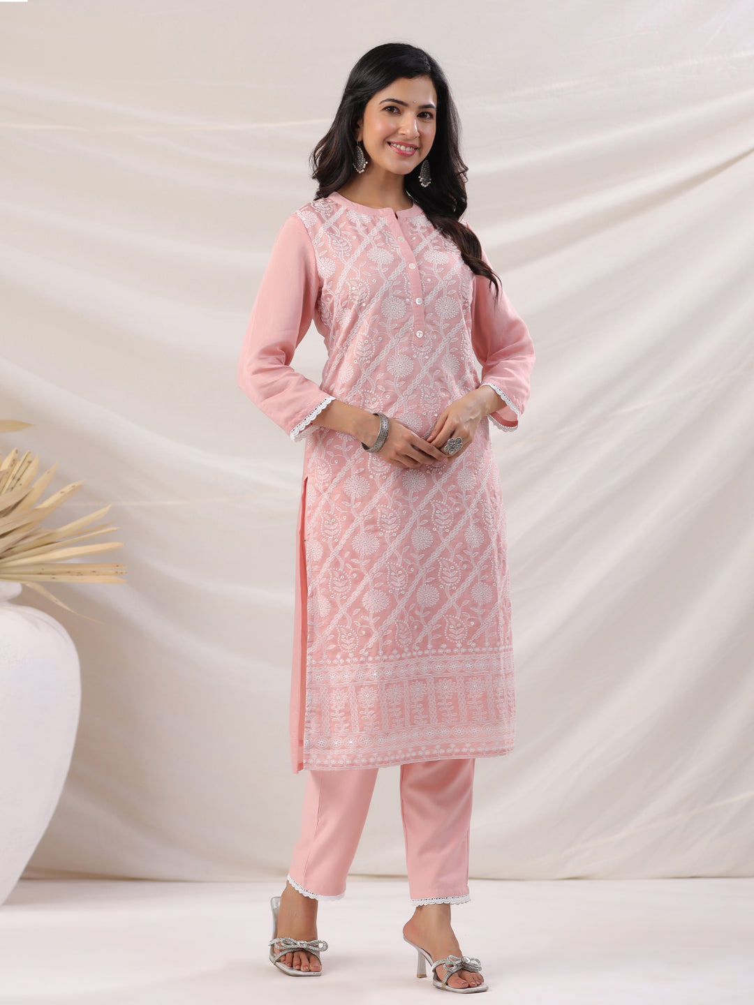 Peach Chanderi Embroidered Straight Kurta Set  - By Janasya