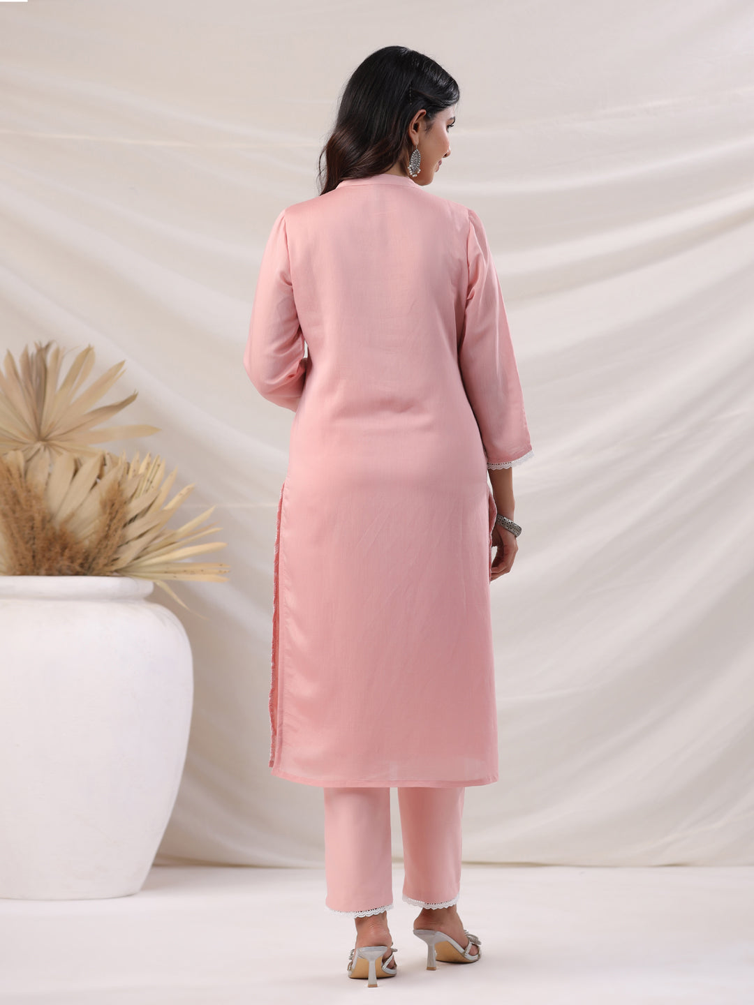 Peach Chanderi Embroidered Straight Kurta Set  - By Janasya