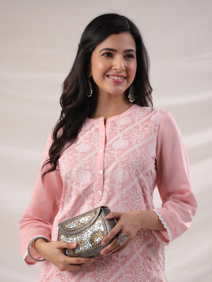 Peach Chanderi Embroidered Straight Kurta Set  - By Janasya