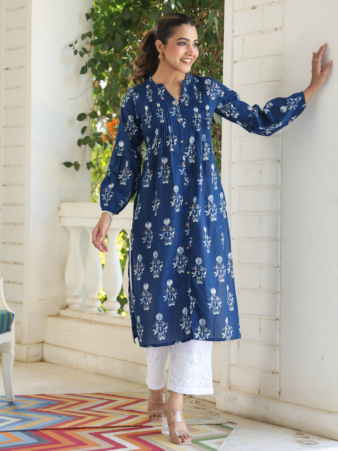 Indigo Pure Cotton Floral Printed Pleated Kurta - qivii