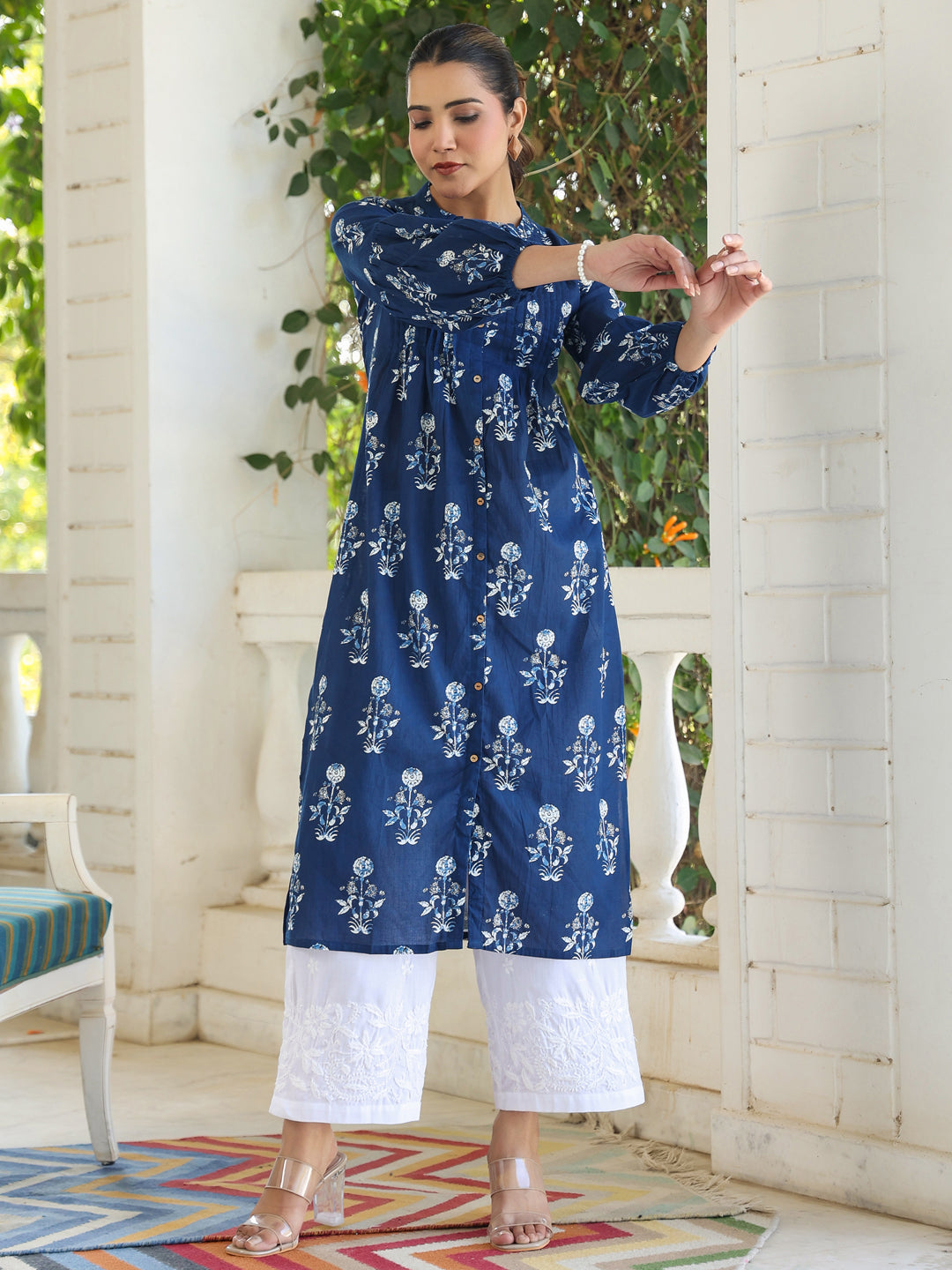 Indigo Pure Cotton Floral Printed Pleated Kurta - qivii