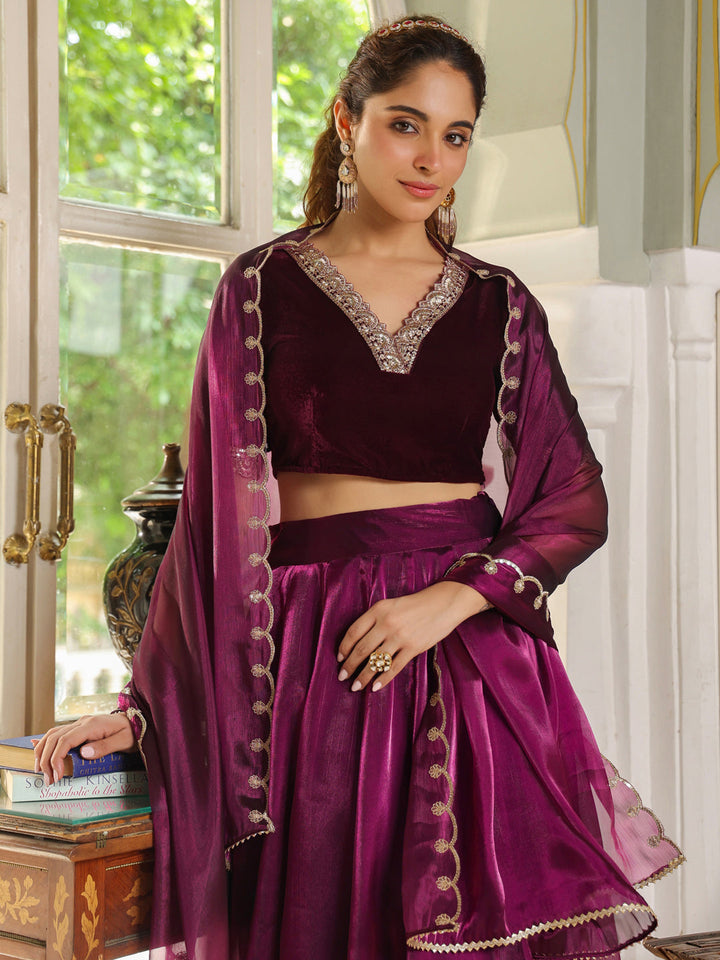 Purple Organza Zari Embroidered Pleated Lehenga Choli Set  - By Janasya