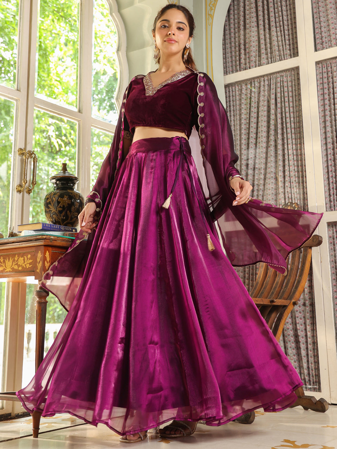 Purple Organza Zari Embroidered Pleated Lehenga Choli Set  - By Janasya