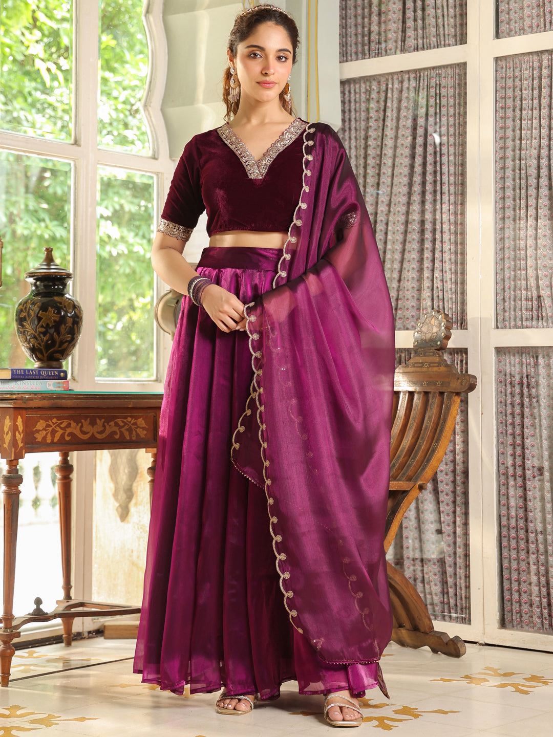 Purple Organza Zari Embroidered Pleated Lehenga Choli Set  - By Janasya